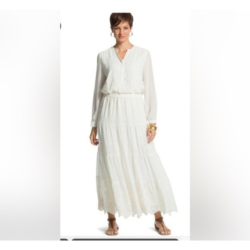 Chico's Black Label Embroidered Peasant Maxi Dress Cream Size 0 (S) Sheer Boho